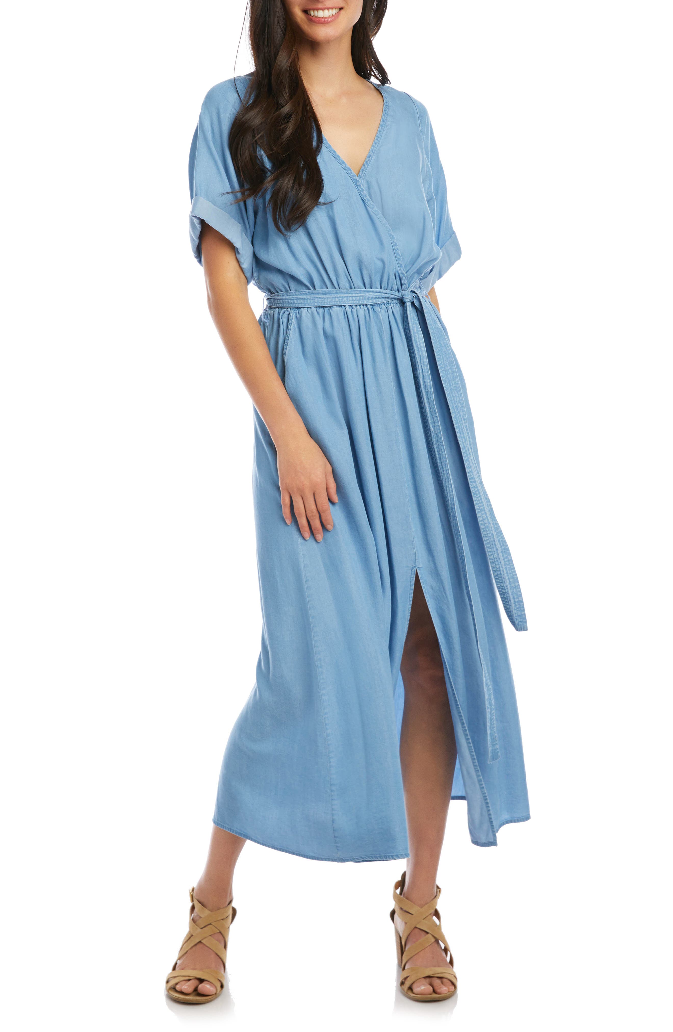 Karen Kane Cuff Sleeve Chambray Faux Wrap Dress | Nordstrom
